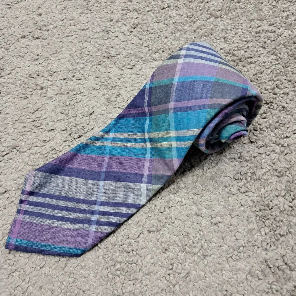 IZOD Mens Plaid Necktie Purple Blue Teal Checkered Classic Silk Blend Tie